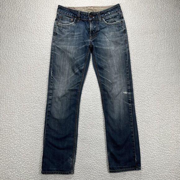 ZARA Jeans Men’s 31x32 Blue Distressed Denim Whiskering Skull Patch Grunge Punk - Picture 2 of 13